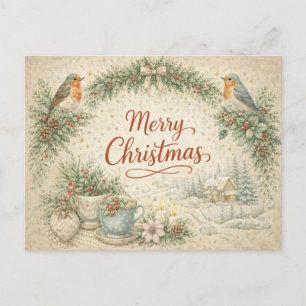 Vintage Robin Wreath Merry Christmas  Holiday Postcard