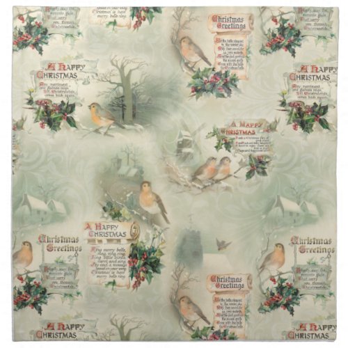 Vintage Robins and Christmas Greetings Cloth Napkin