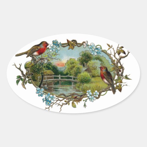 Vintage Robins and Forget_Me_Nots Oval Sticker