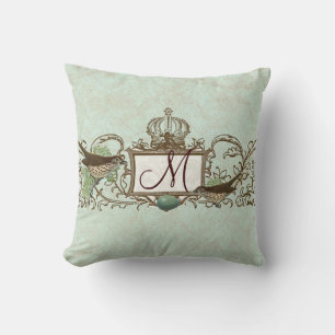 Vintage Robins Egg Blue Birds Scroll Monogram Throw Pillow