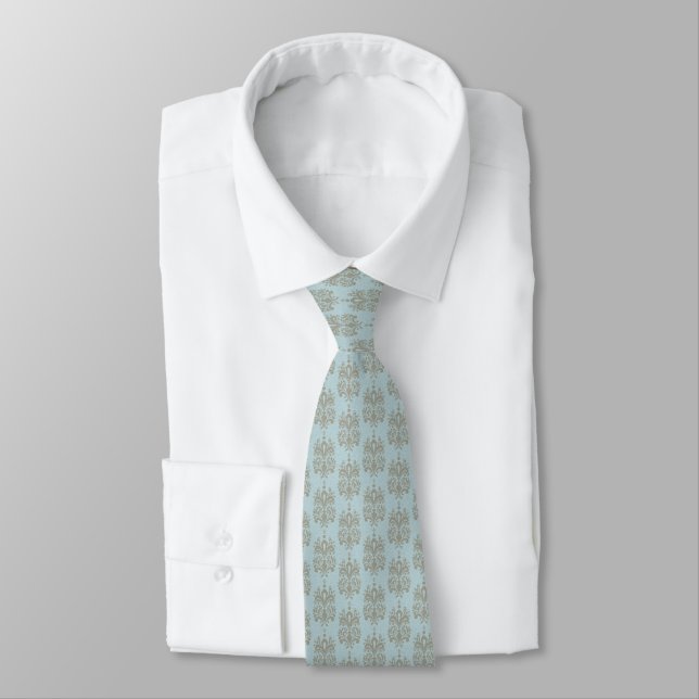 Vintage Robin's Egg Blue Damask Satin Necktie (Tied)