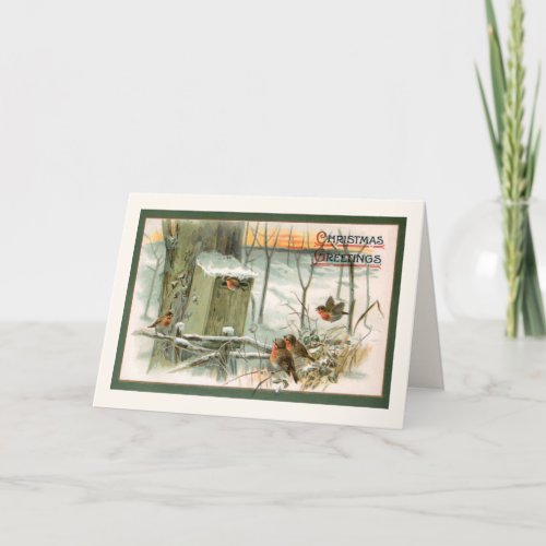 Vintage Robins in Snow with Christmas Greetings Holiday Card