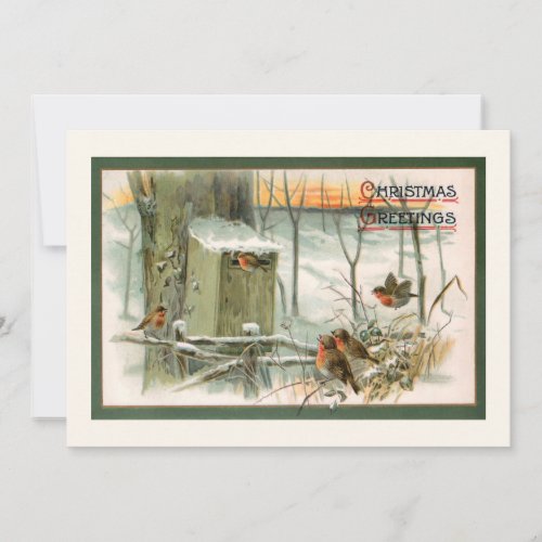 Vintage Robins in Snow with Christmas Greetings Holiday Card