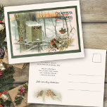 Vintage Robins in Snow with Christmas Greetings Postcard<br><div class="desc">Pretty robins gather in rustic vintage snow-covered woods at sunset on an old birch fence with wooden birdhouse on a nearby tree. Includes Christmas Greetings text in old style font. Back features complementary robin graphic and editable text fields with customizable background color.</div>