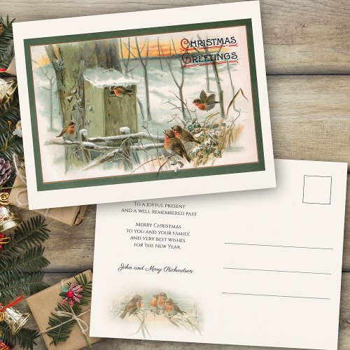 Vintage Robins in Snow with Christmas Greetings Postcard