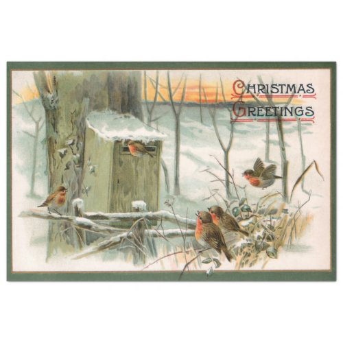 Vintage Robins in Snow with Christmas Greetings Tissue Paper