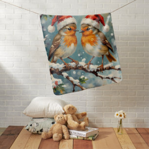 Vintage Robins with Santa Hats on Snowy Branch Baby Blanket