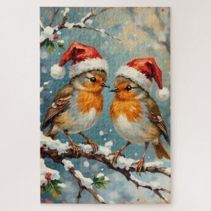 Vintage Robins with Santa Hats on Snowy Branch Jigsaw Puzzle