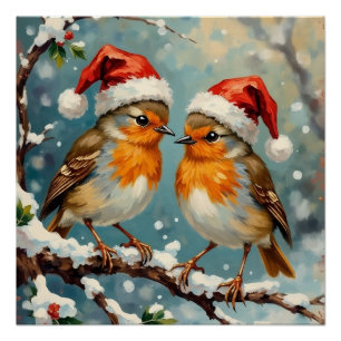 Vintage Robins with Santa Hats on Snowy Branch Poster