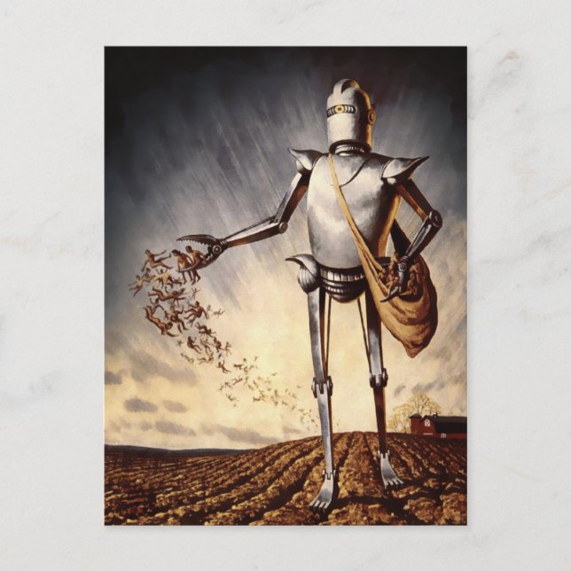 Vintage Robot Farming Humans Postcard (Front)