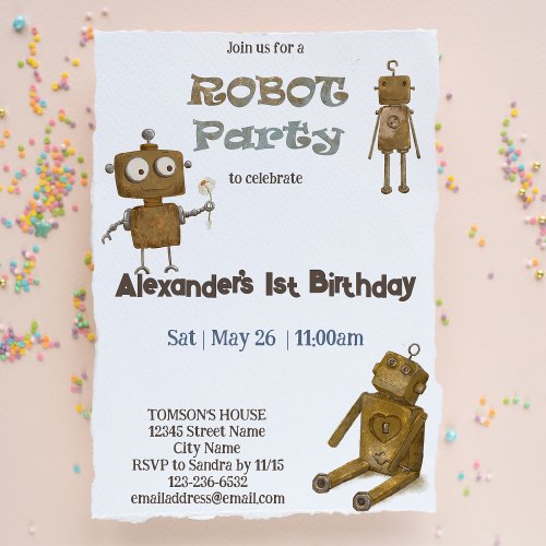 Vintage Robot Party Theme Birthday Invitation