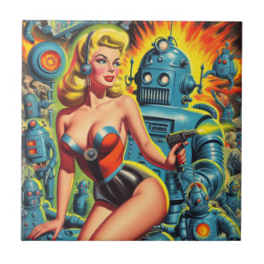 Vintage Robot Sci-Fi Pin-up Ceramic Tile
