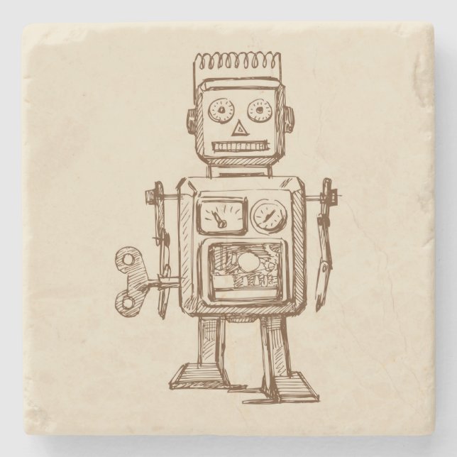 Vintage Robot Sketch / Drawing Stone Coaster (Front)