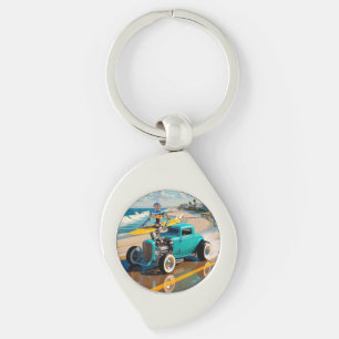 vintage robot with a surfboard , on the beach keychain