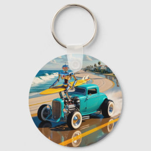 vintage robot with a surfboard , on the beach keychain