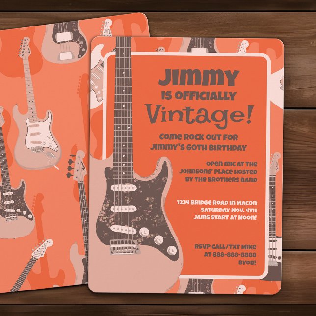 Vintage Rock Guitar Birthday Retro Music Jam Party Invitation (Vintage rock guitar 60th birthday party invitation in retro orange)