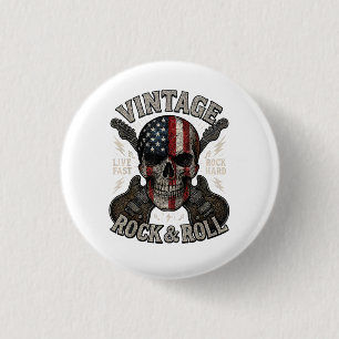 Vintage Rock Skull American Flag Guitar Retro Rock Button