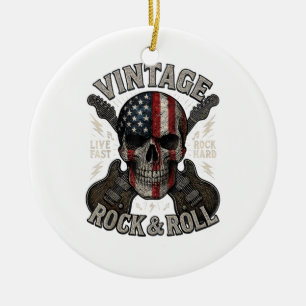 Vintage Rock Skull American Flag Guitar Retro Rock Ceramic Ornament