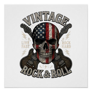 Vintage Rock Skull American Flag Guitar Retro Rock Poster