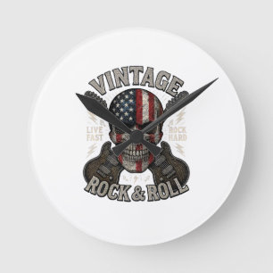 Vintage Rock Skull American Flag Guitar Retro Rock Round Clock