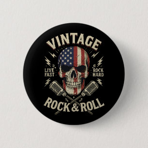Vintage Rock Skull American Flag Ribbon Microphone Button