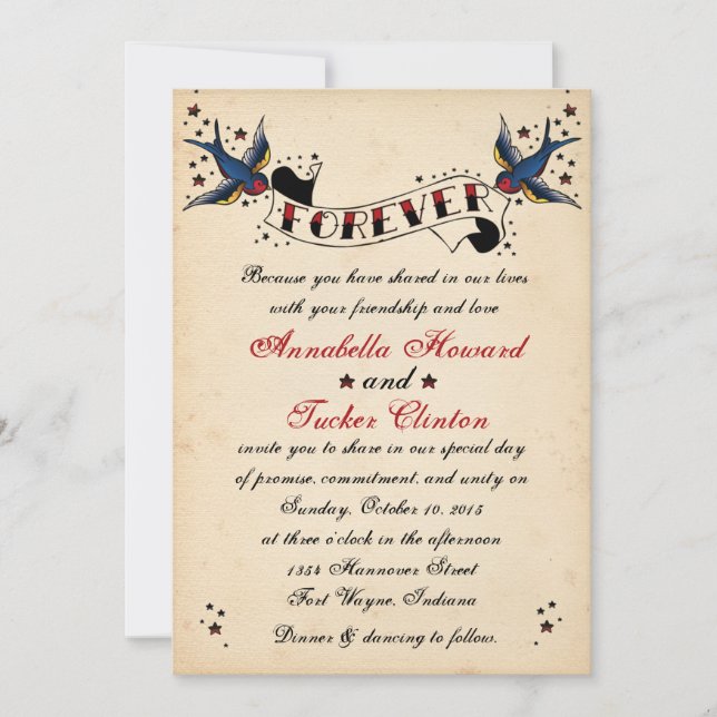 Vintage Rockabilly Tattoo Wedding Invitation (Front)