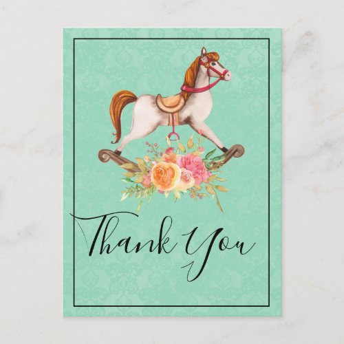 Vintage Rocking Horse and Floral Bouquet Thank You Postcard