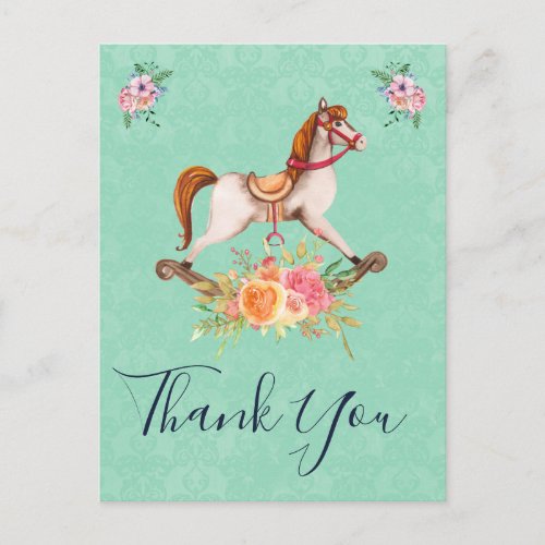 Vintage Rocking Horse and Floral Bouquet Thank You Postcard