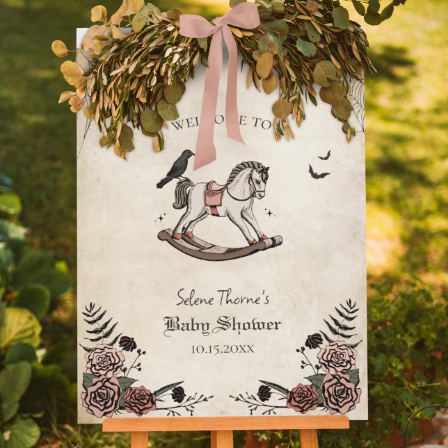 Vintage Rocking Horse Baby Shower Welcome Sign (Elegant Gothic Baby Shower Welcome Sign | Rock a Bye Baby Theme. Hand drawn Victorian Rocking Horse)