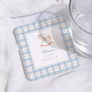 Vintage Rocking Horse Blue Gingham Baby Shower Square Paper Coaster