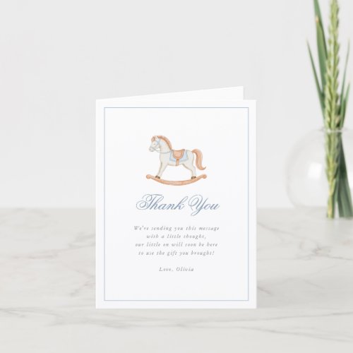 Vintage Rocking Horse Blue Gingham Baby Shower Thank You Card