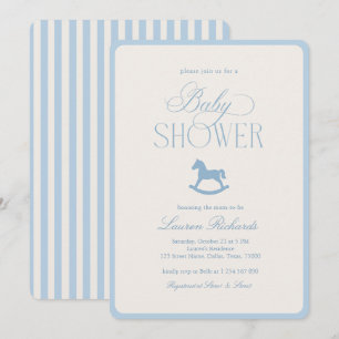 Vintage Rocking Horse Blue Stripes Boy Baby Shower Invitation