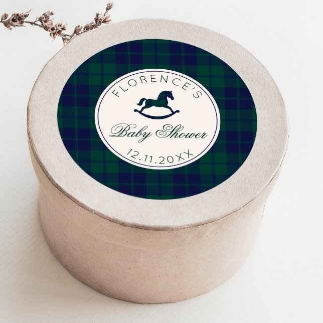 Vintage Rocking Horse Classic Plaid Baby Shower Round Sticker (Creator Uploaded)