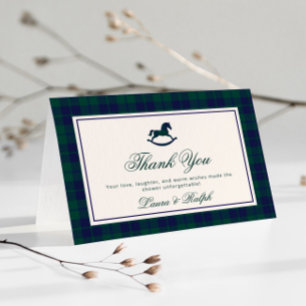 Vintage Rocking Horse Classic Plaid Baby Shower Thank You Card
