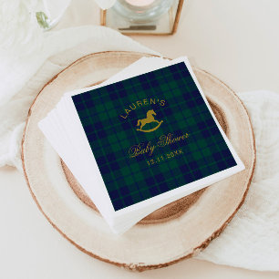 Vintage Rocking Horse Gold Plaid Baby Shower Napkins