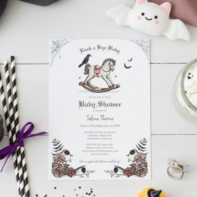 Vintage Rocking Horse Gothic Baby Shower Invitation (Cute Gothic Halloween Baby Shower Invitation. Rocking Horse & Roses Vintage Rock a Bye Baby Shower)