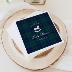 Vintage Rocking Horse Green Plaid Baby Shower Napkins