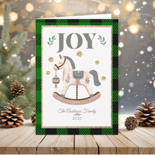 Vintage Rocking Horse Green Plaid Heirloom Joy Holiday Card