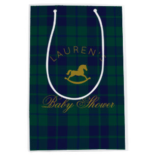 Vintage Rocking horse Navy Plaid Baby Shower Medium Gift Bag
