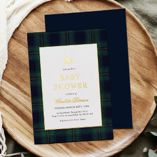 Vintage Rocking Horse Plaid Baby Shower Foil Invitation