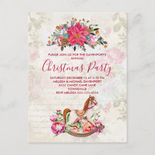 Vintage Rocking Horse & Poinsettia Christmas Party Postcard