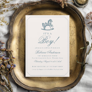Vintage Rocking Horse Preppy Blue Boy Baby Shower Invitation