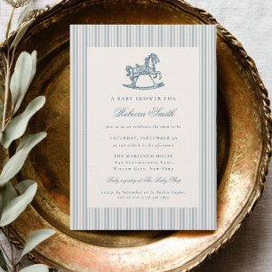 Vintage Rocking Horse Preppy Blue Boy Baby Shower Invitation