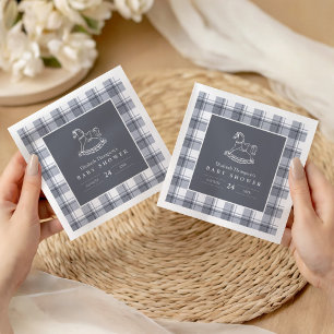 Vintage Rocking Horse Preppy Gingham Baby Shower Napkins