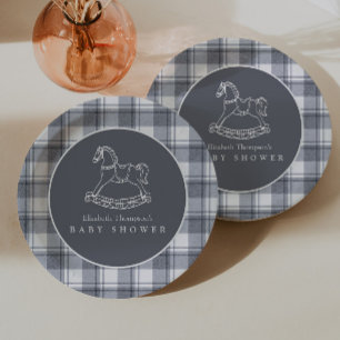 Vintage Rocking Horse Preppy Gingham Baby Shower Paper Plates