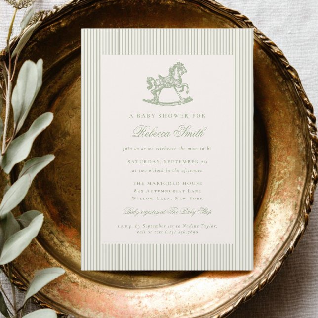 Vintage Rocking Horse Preppy Neutral Baby Shower Invitation (Creator Uploaded)