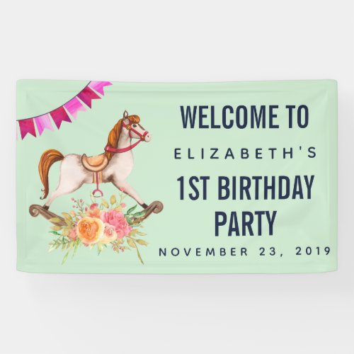 Vintage Rocking Horse with Floral Bouquet Birthday Banner
