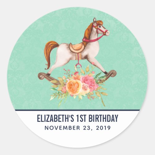 Vintage Rocking Horse with Floral Bouquet Birthday Classic Round Sticker