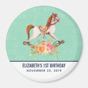 Vintage Rocking Horse with Floral Bouquet Birthday Magnet
