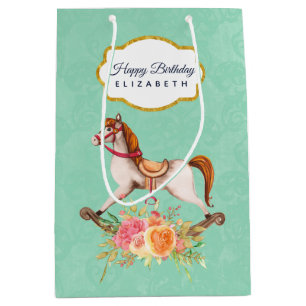 Vintage Rocking Horse with Floral Bouquet Birthday Medium Gift Bag